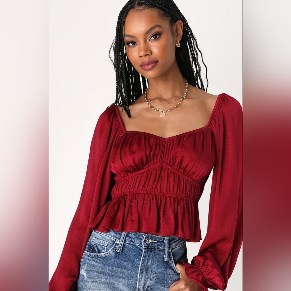 Lulus satin ruched top, red, L